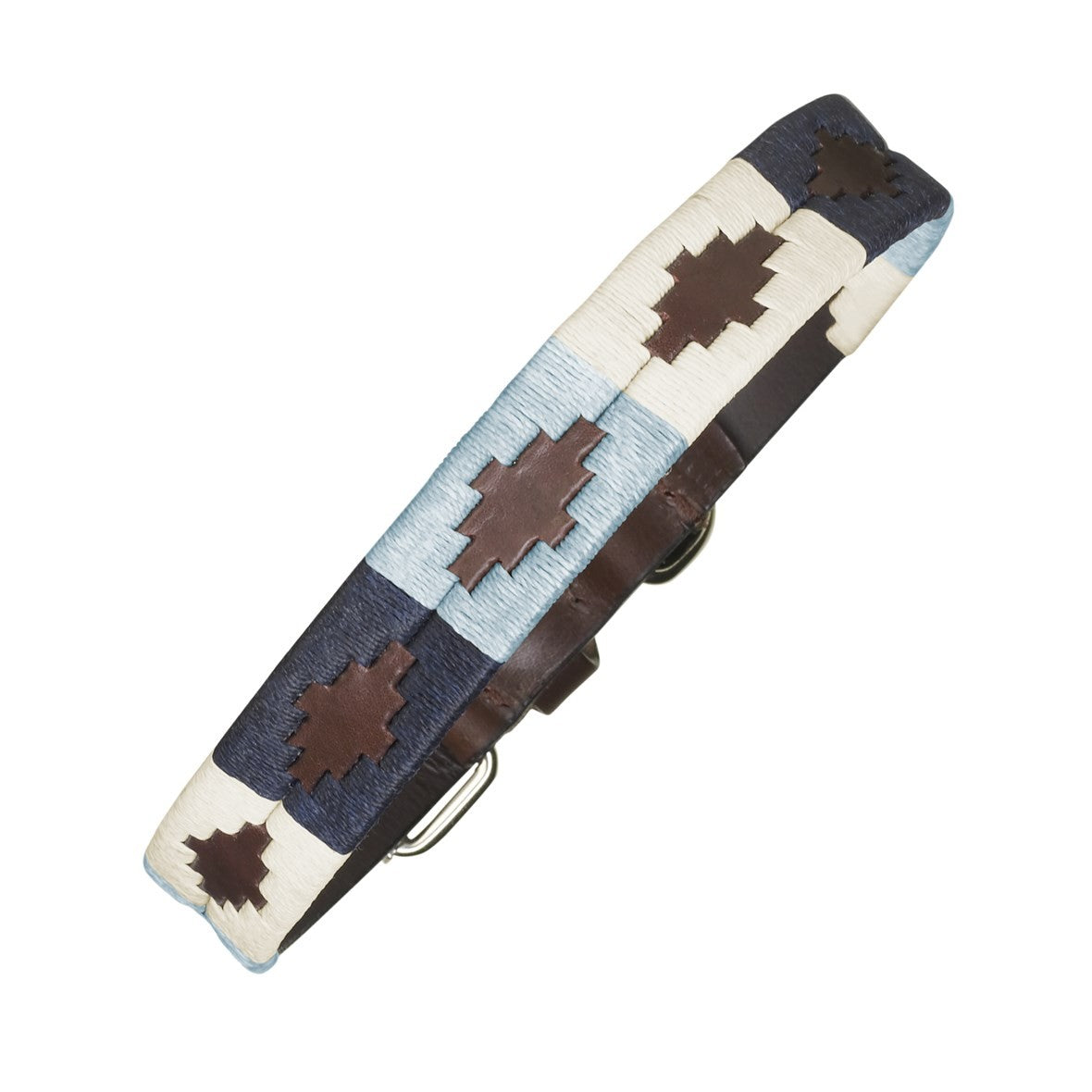 Pampeano dark blue, baby blue and white on brown leather dog collar.